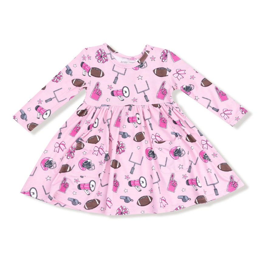 Pink dress with football-themed pattern on a white background