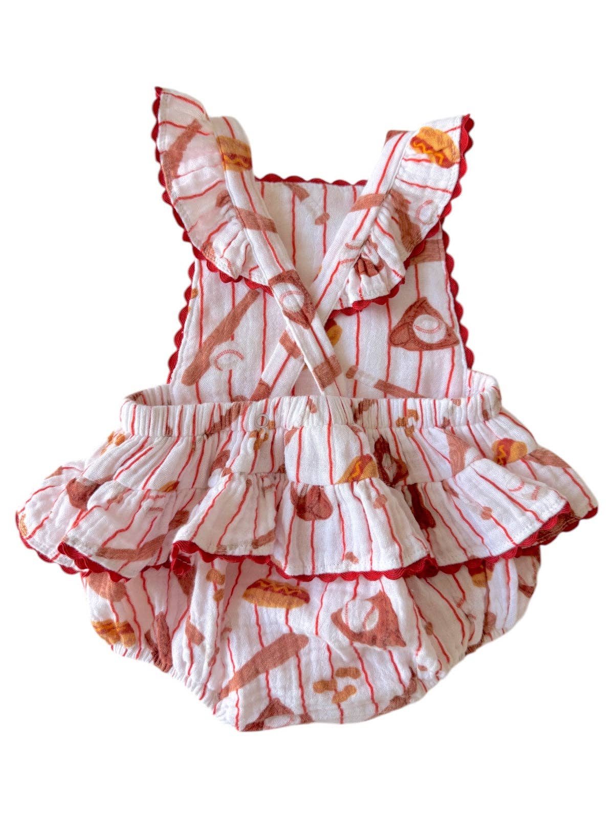 Organic Muslin Ric-Rac Ruffle Sunsuit, Baseball Game