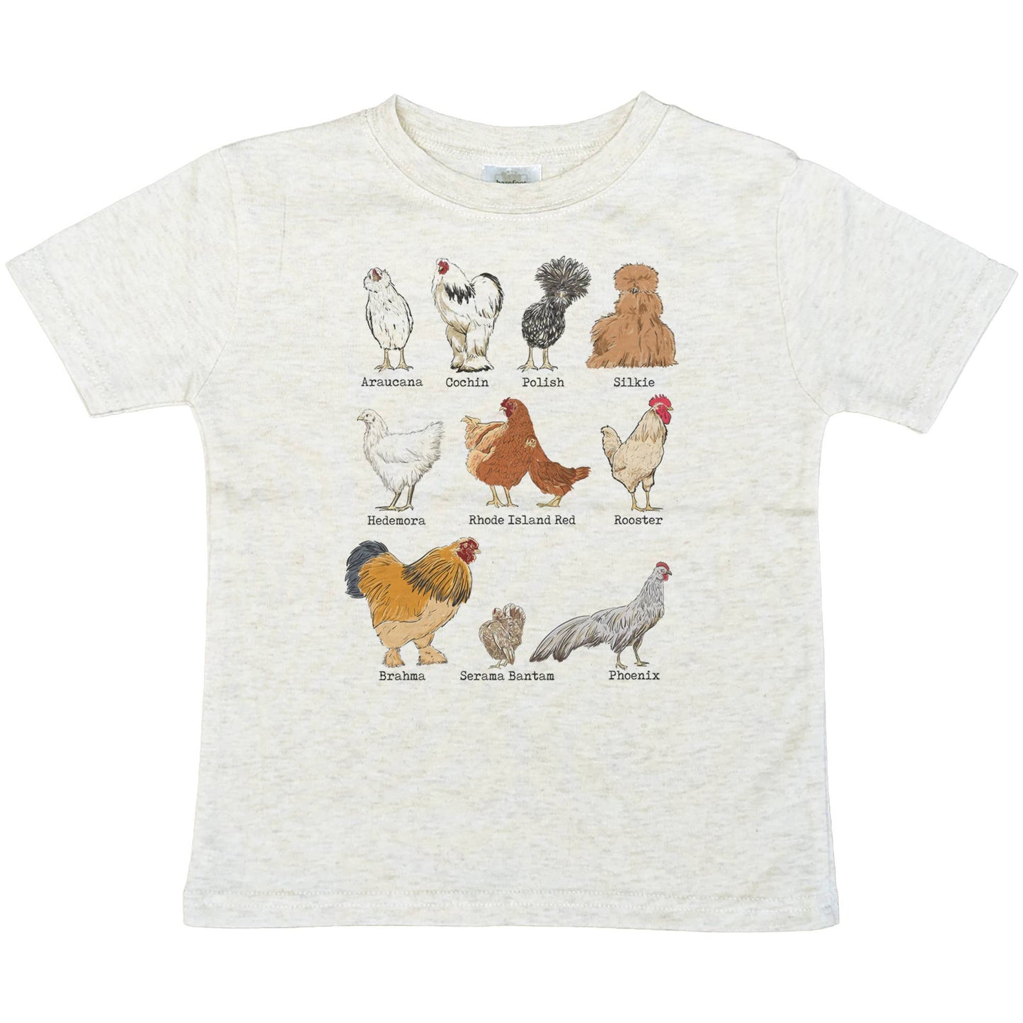 White t-shirt with illustrations of various chicken breeds on a white background