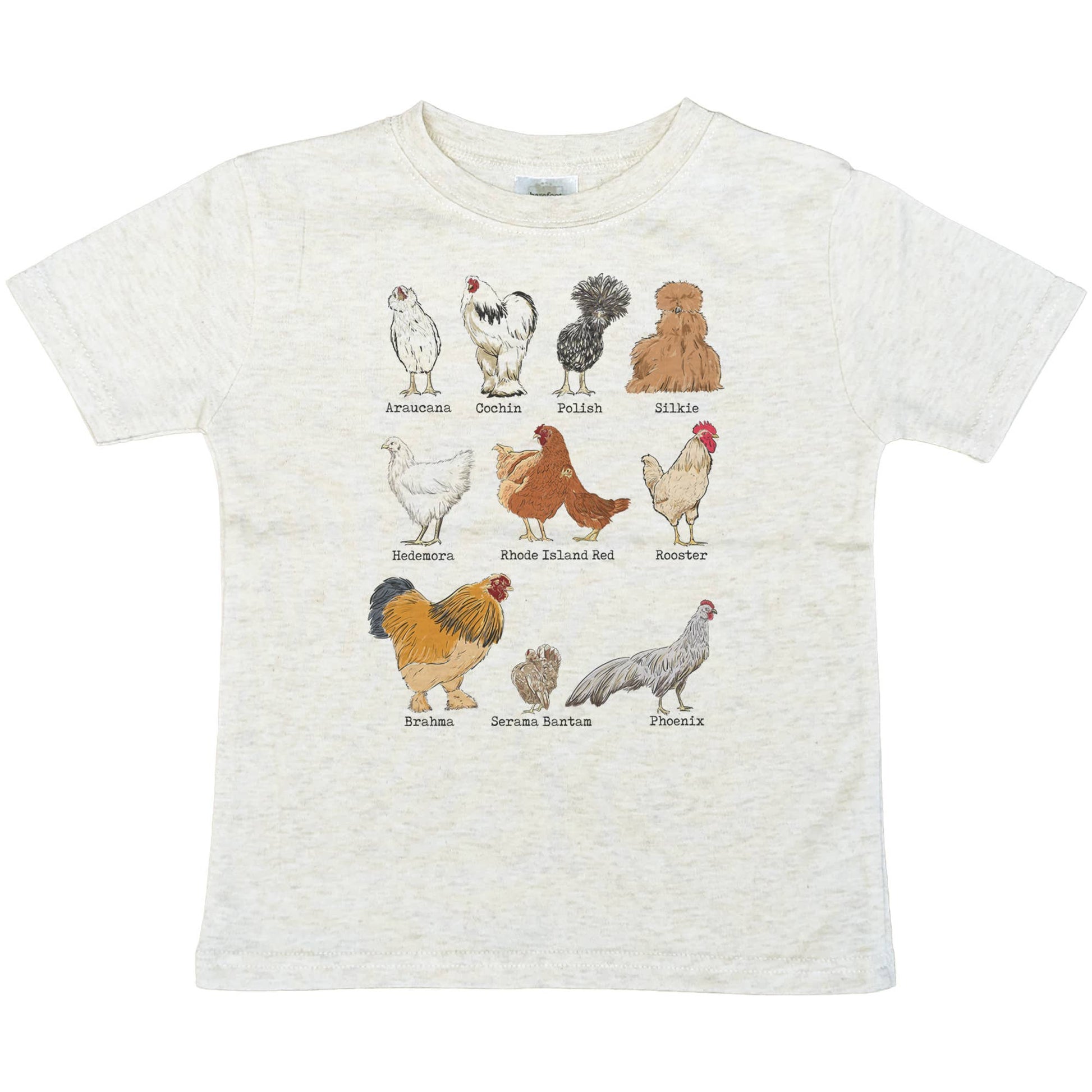 White t-shirt with illustrations of various chicken breeds on a white background