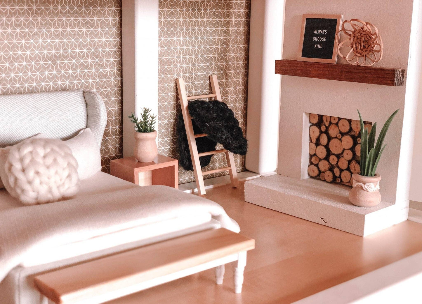 Macy Mae Dollhouse Designs - Dollhouse Classic Bench Seat | Natural Wood & White