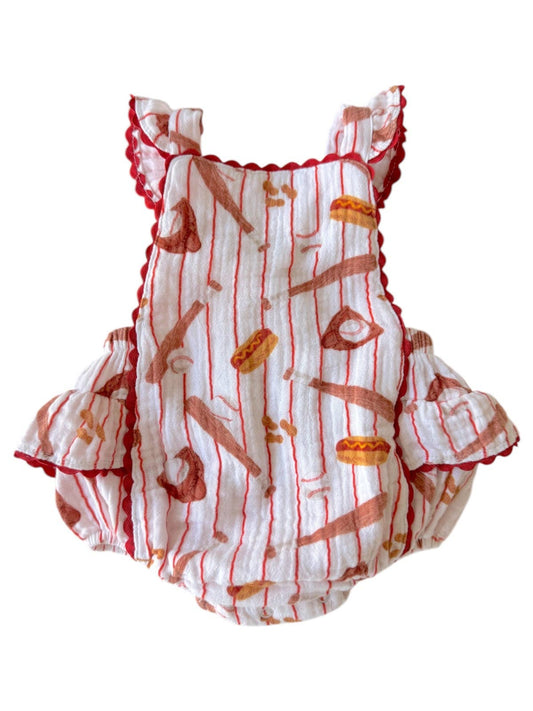 Organic Muslin Ric-Rac Ruffle Sunsuit, Baseball Game