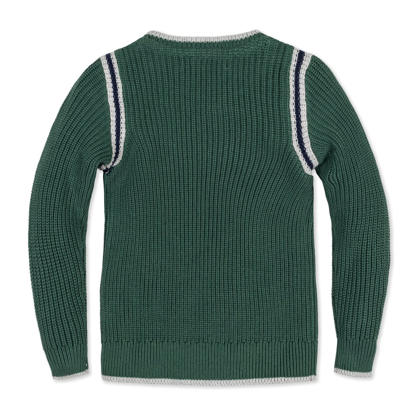 Green sweater with white trim on a white background