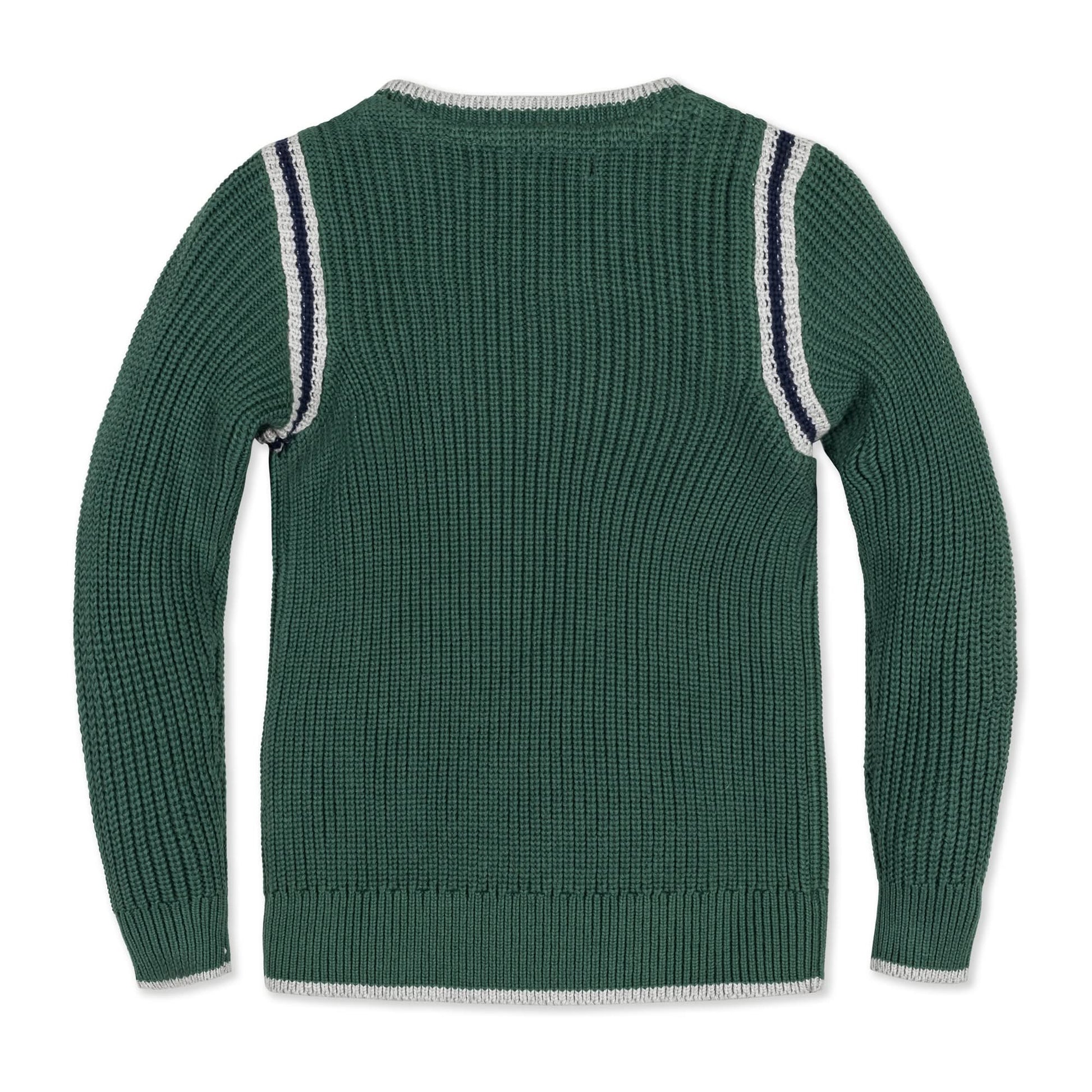 Green sweater with white trim on a white background