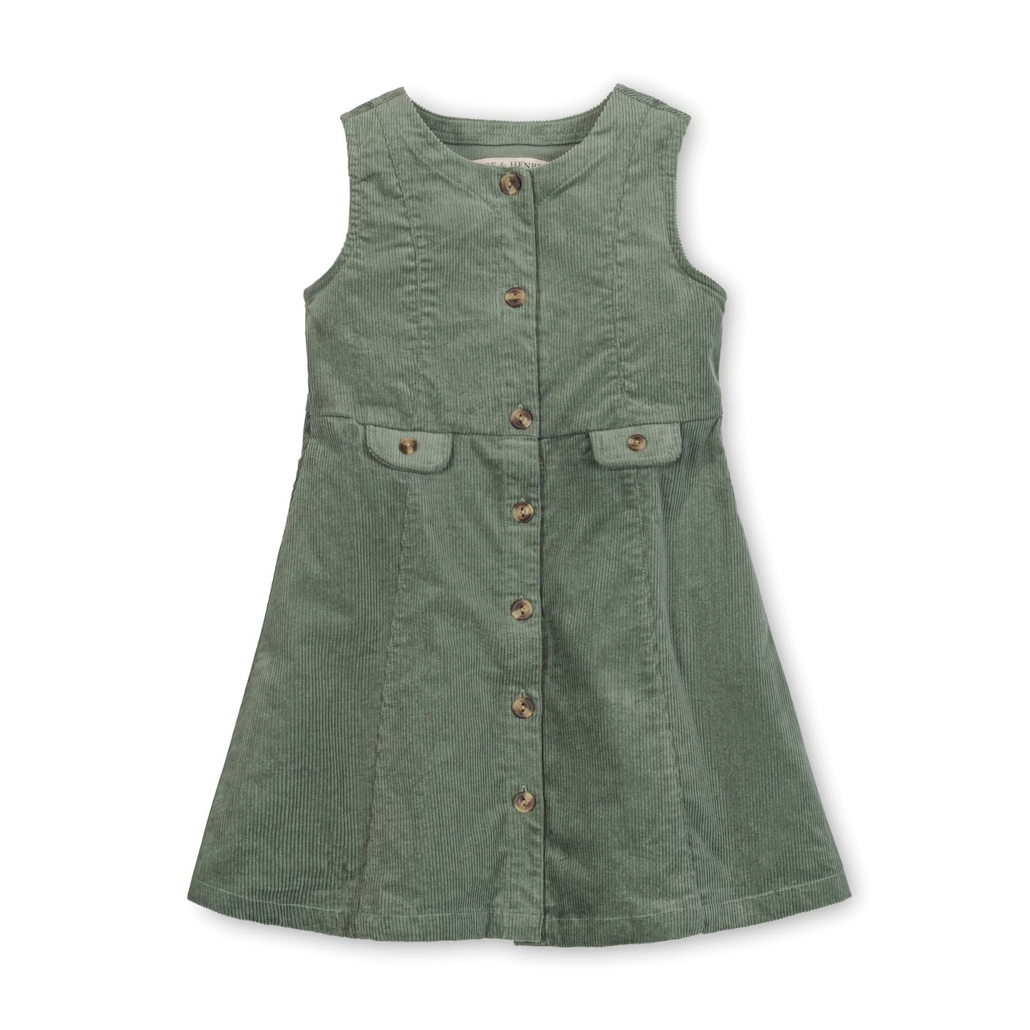 Green sleeveless dress with buttons on a white background