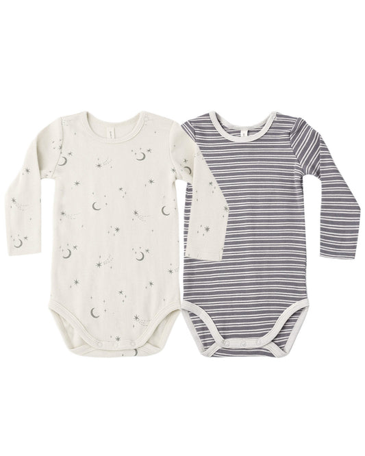 Ribbed Bodysuit Two-Pack: Slate Microstripe + Celestial