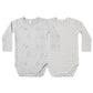Two baby bodysuits with different patterns on a white background