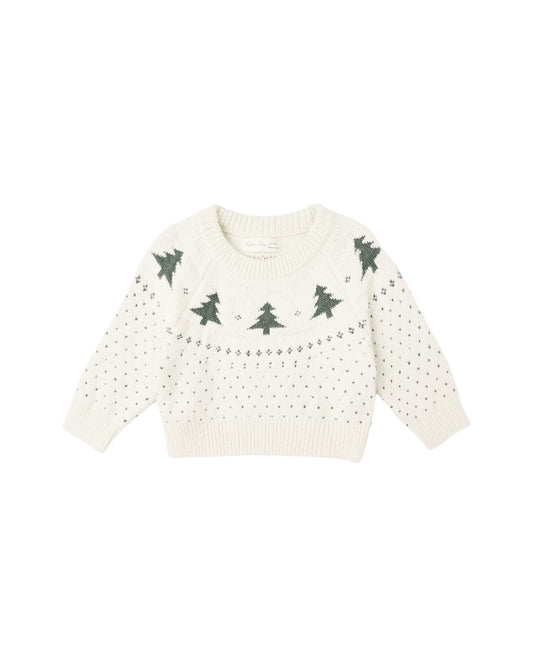 A white fair isle sweater with a pattern of green trees and dots, suitable for babies.