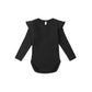 Black long-sleeved bodysuit with ruffle detailing on the shoulders, designed for babies.