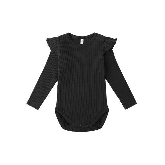 Black long-sleeved bodysuit with ruffle detailing on the shoulders, designed for babies.