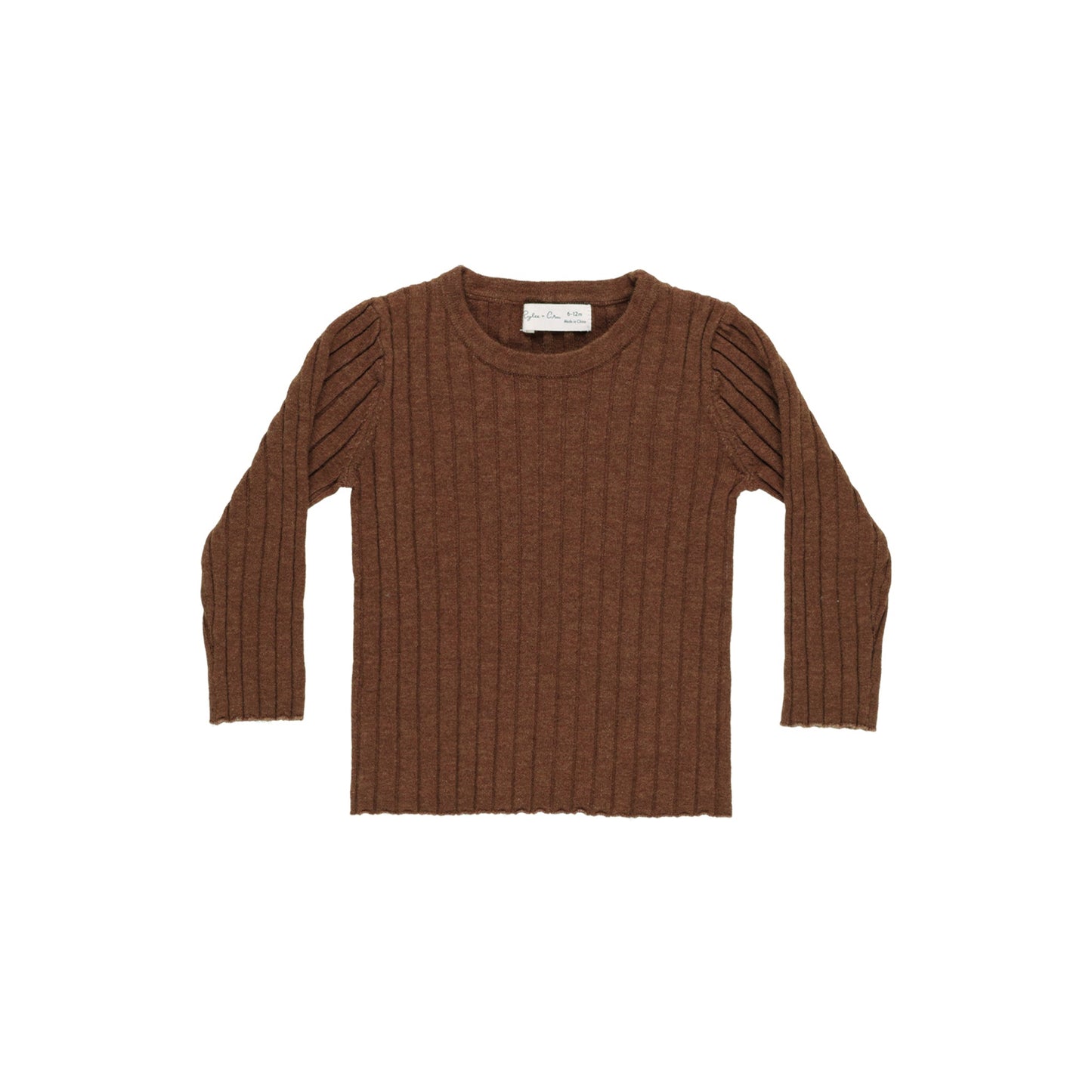 A long sleeve knit top in brown color, displayed against a plain background.