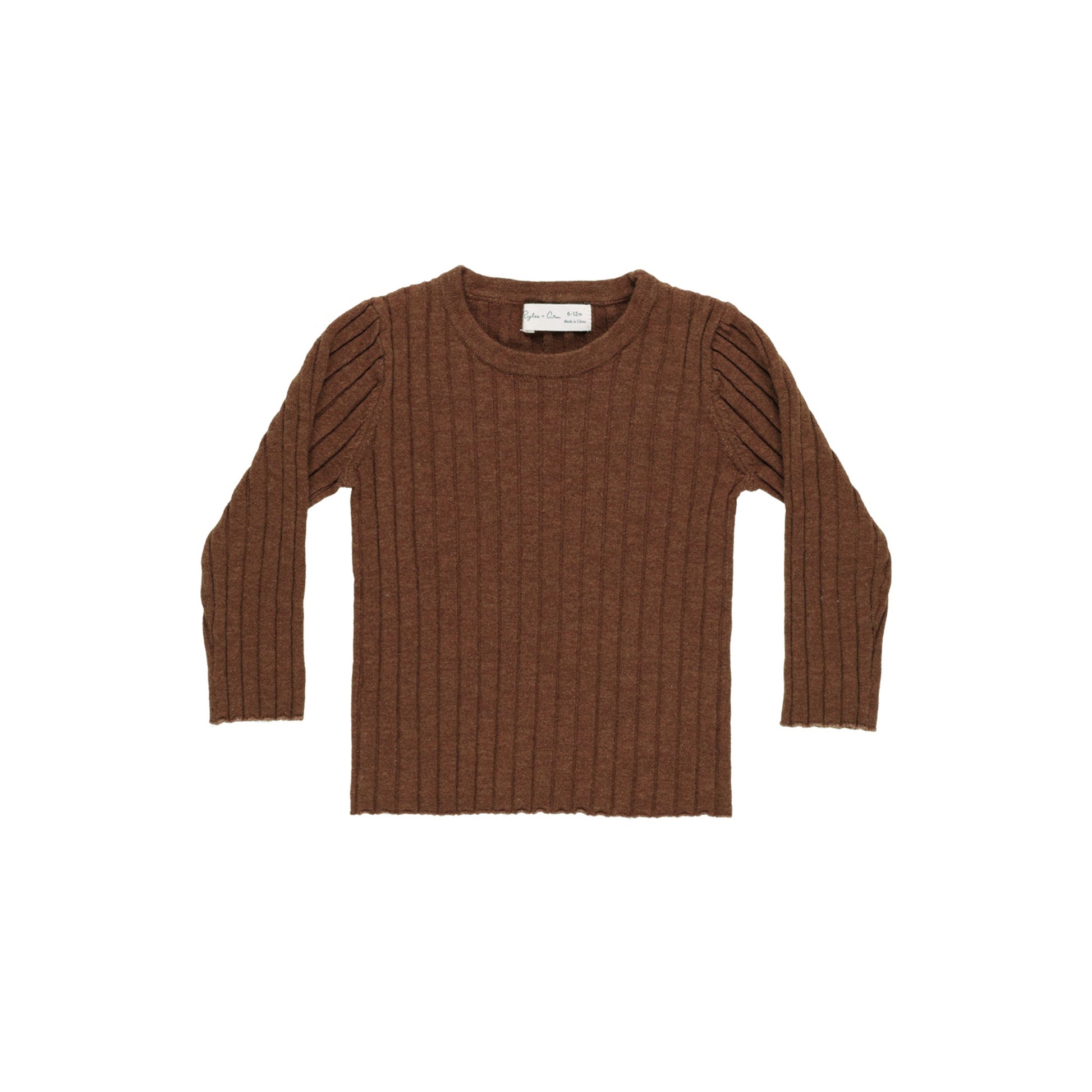 A long sleeve knit top in brown color, displayed against a plain background.