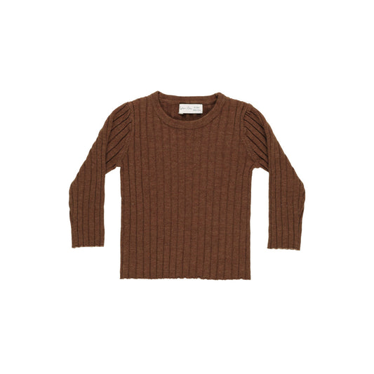A long sleeve knit top in brown color, displayed against a plain background.