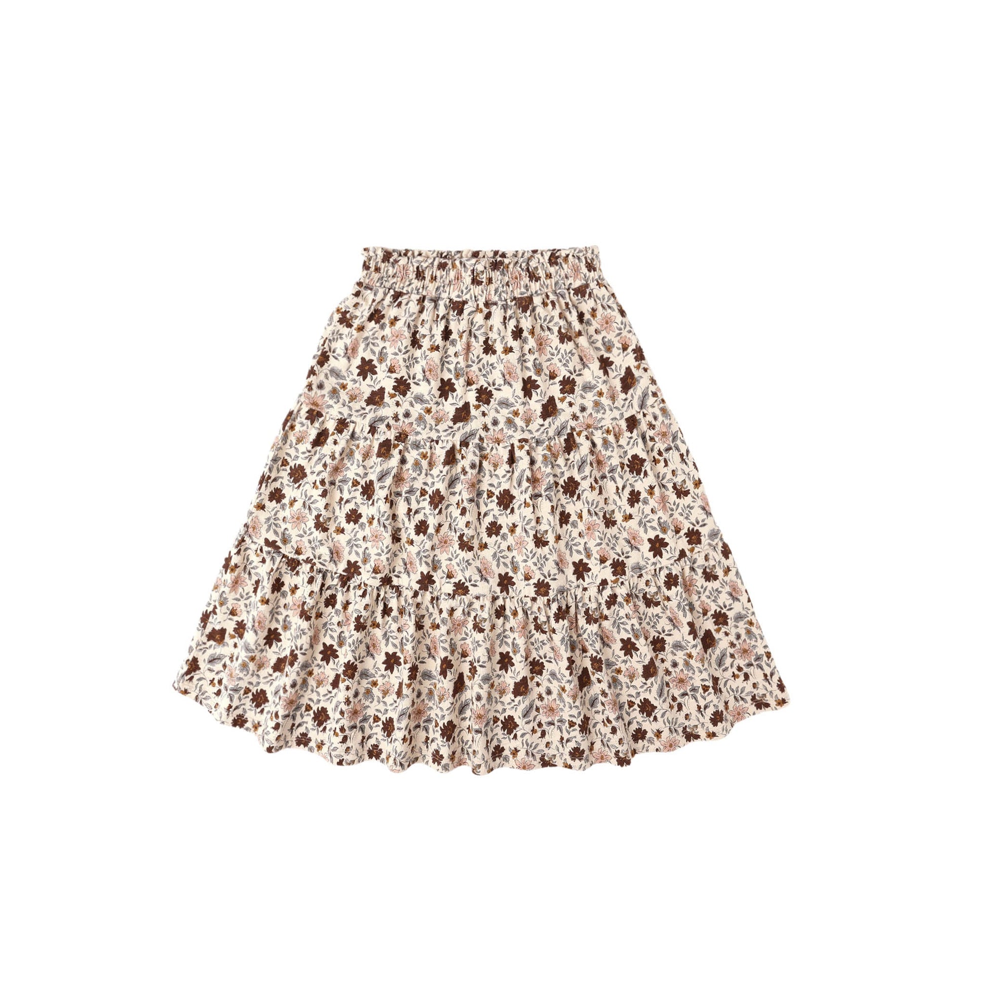 A floral ruffle tiered midi skirt in beige, brown, and white colors.