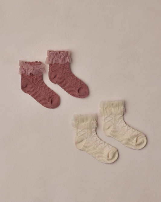 Ruffle Socks - Ivory, Raspberry