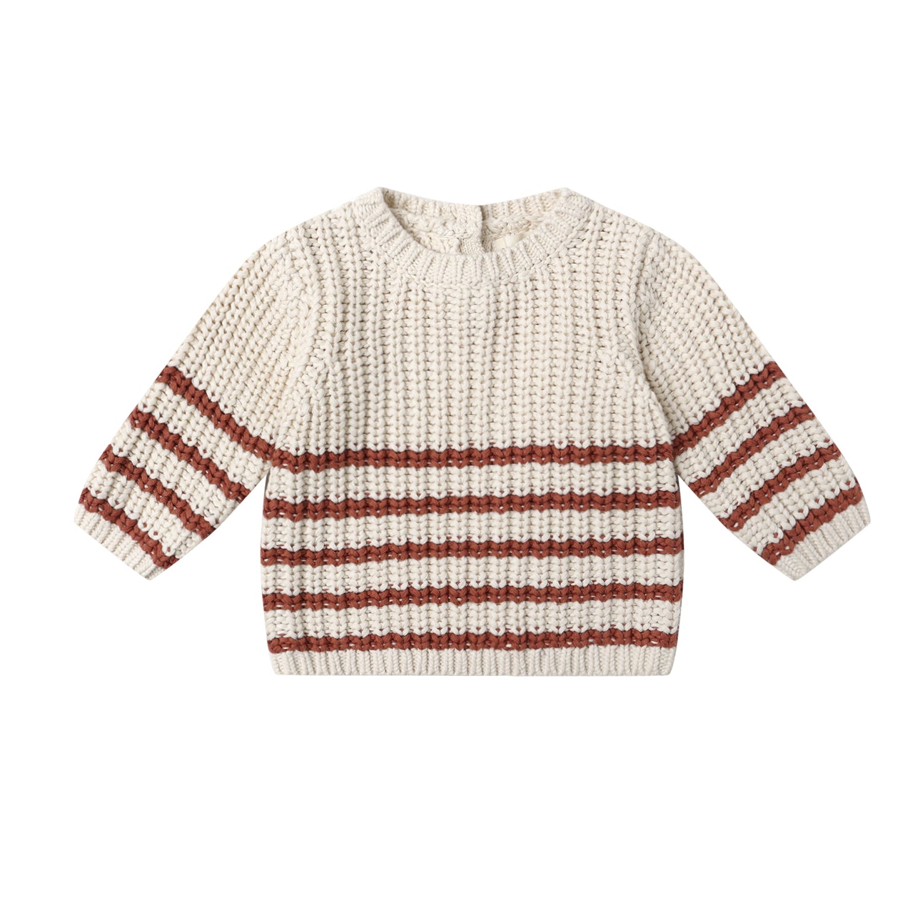 Knitted sweater with brick red and white stripes on a white background
